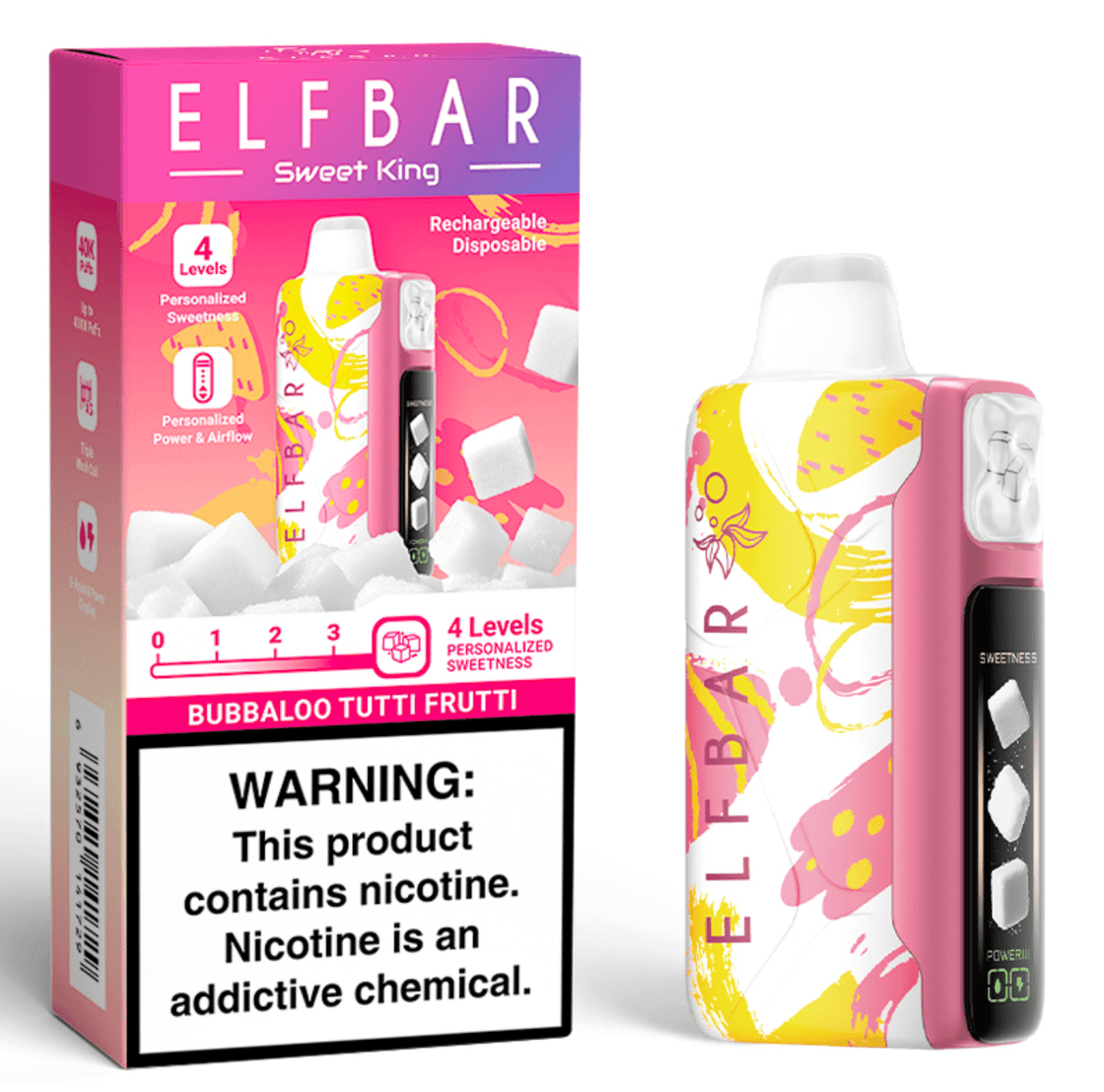 Pod descartable ElfBar Sweet King 40000 Puffs Bubbaloo Tutti Fruiti - Tienda Vapor