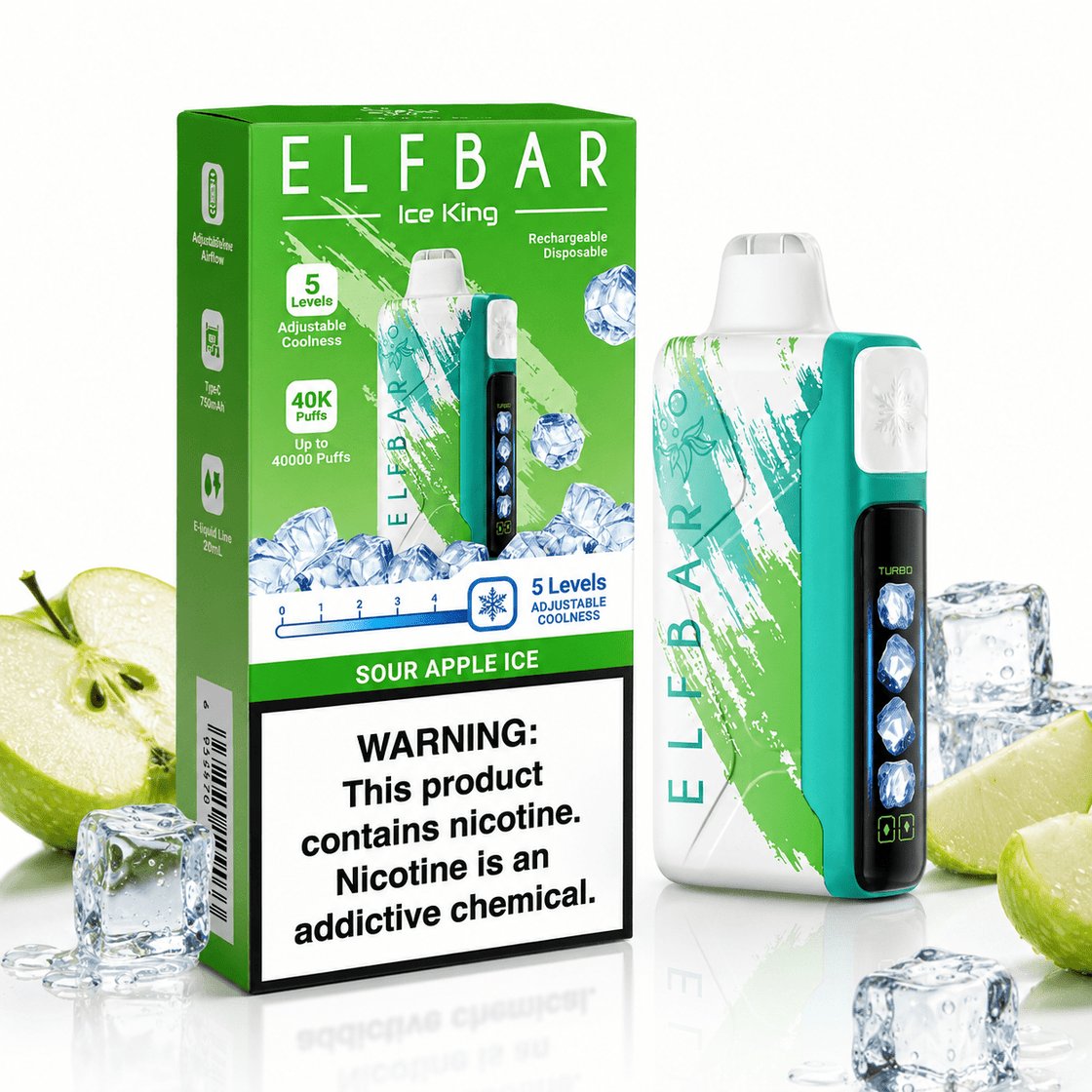 Pod descartable ElfBar Ice King 40000 Puffs Green Apple Ice - Tienda Vapor