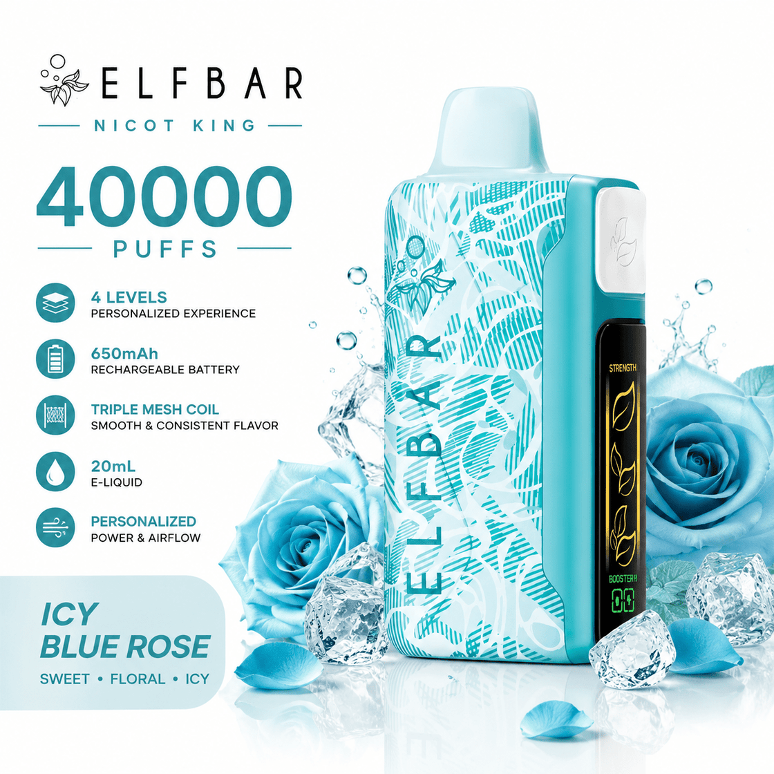 Pod descartable ElfBar Nicot King 40000 Puffs Icy Blue Rose - Tienda Vapor