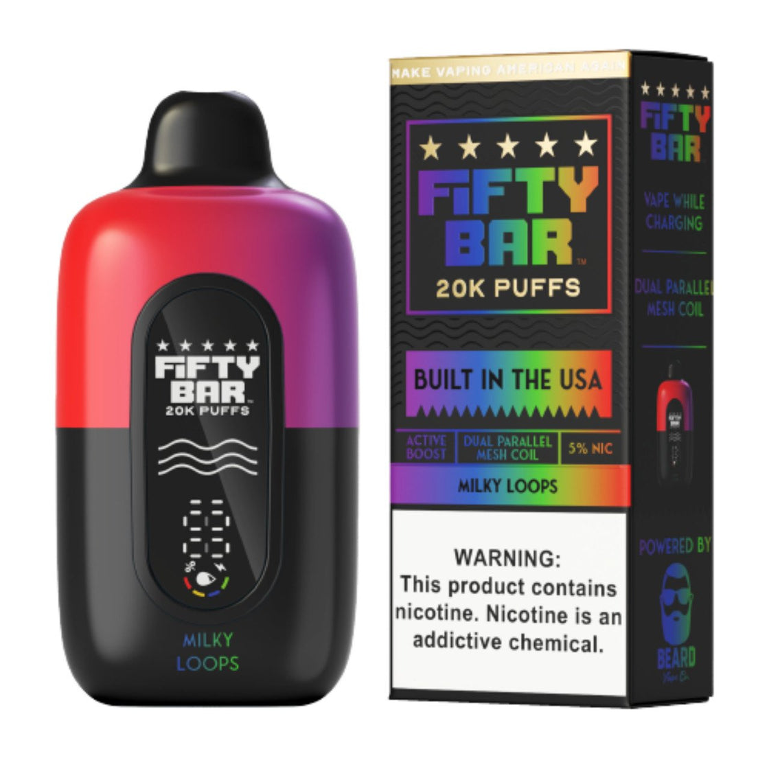 Pod descartable Fifty Bar V2 20000 puffs Milky Loops (origen USA) - Tienda Vapor