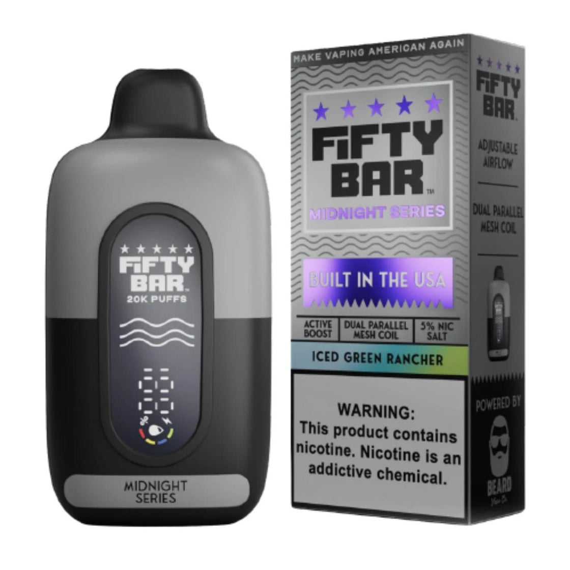 Pod descartable Fifty Bar Midnight Series 20000 puffs Iced Green Rancher (origen USA) - Tienda Vapor