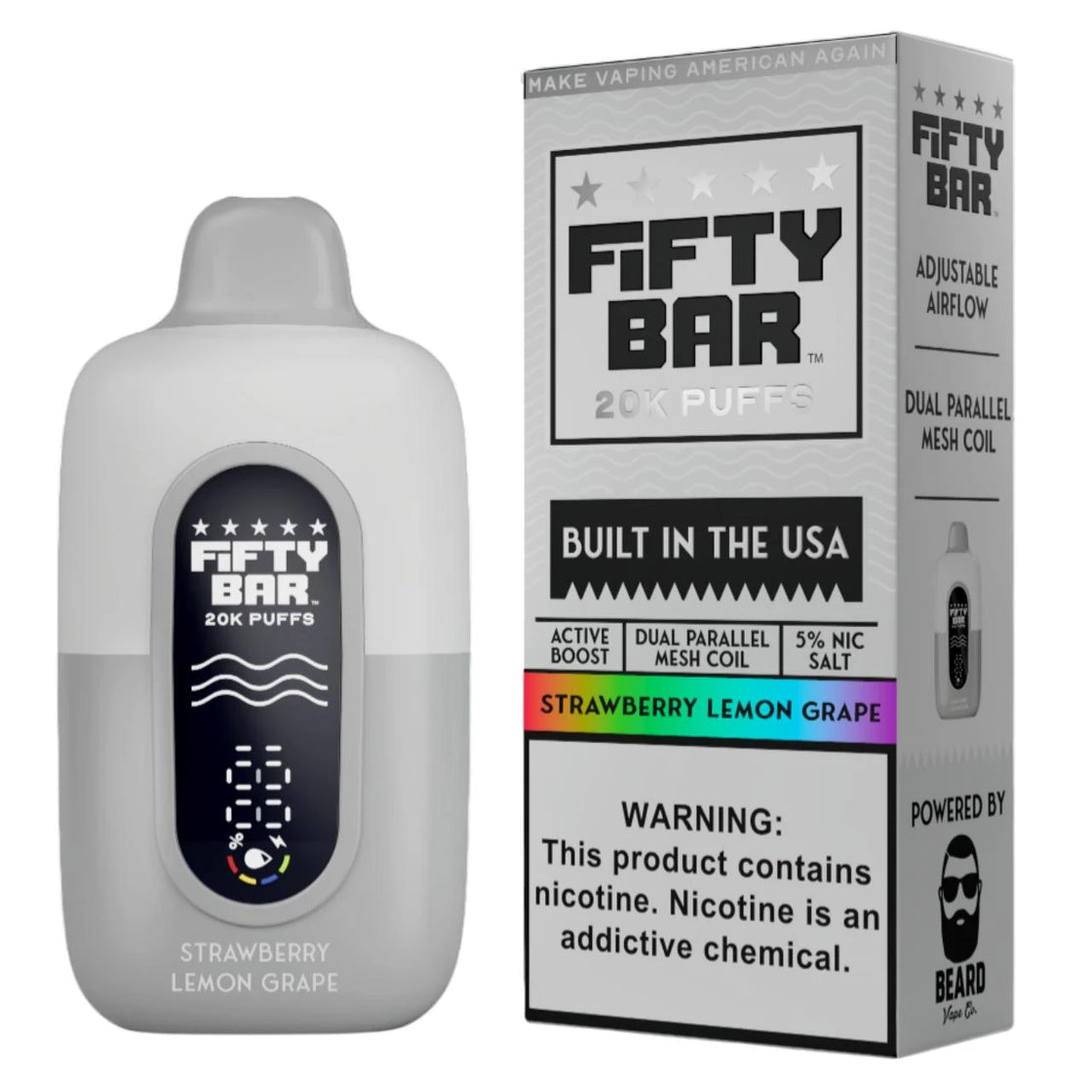 Pod descartable Fifty Bar 20000 puffs Strawberry Lemon Grape (origen USA)