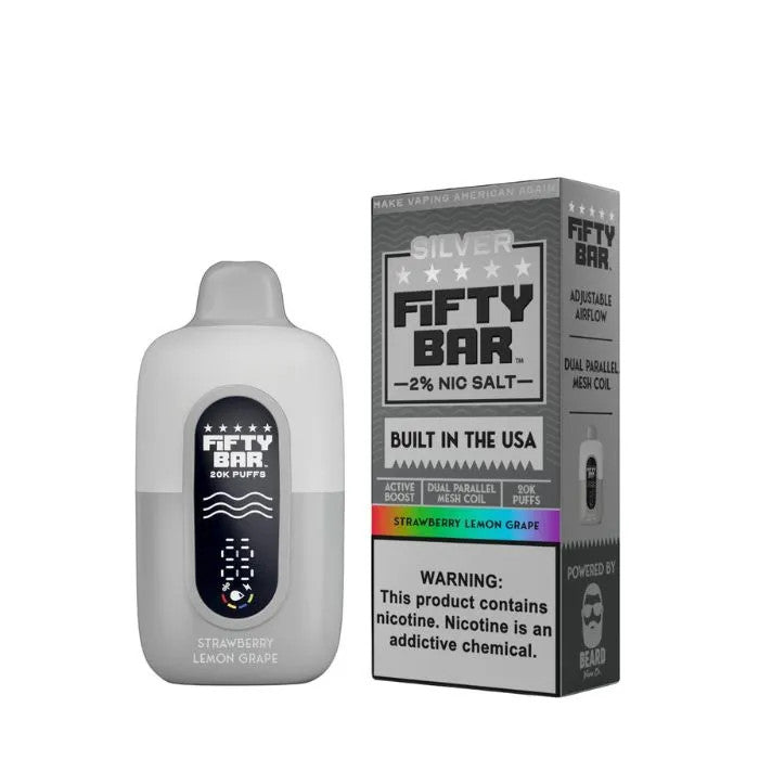Pod descartable Fifty Bar Silver Series Strawberry Lemon Grape 20000 puffs 2% (origen USA) - Tienda Vapor