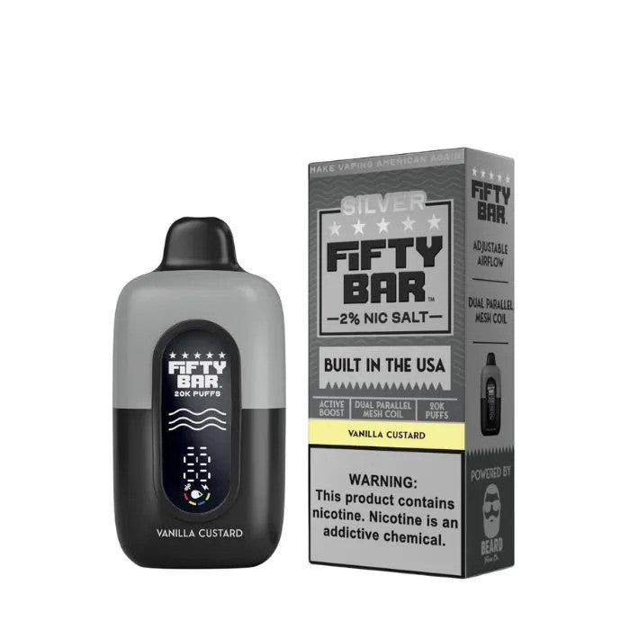 Pod descartable Fifty Bar Silver Series Vanilla Custard 20000 puffs 2% (origen USA) - Tienda Vapor