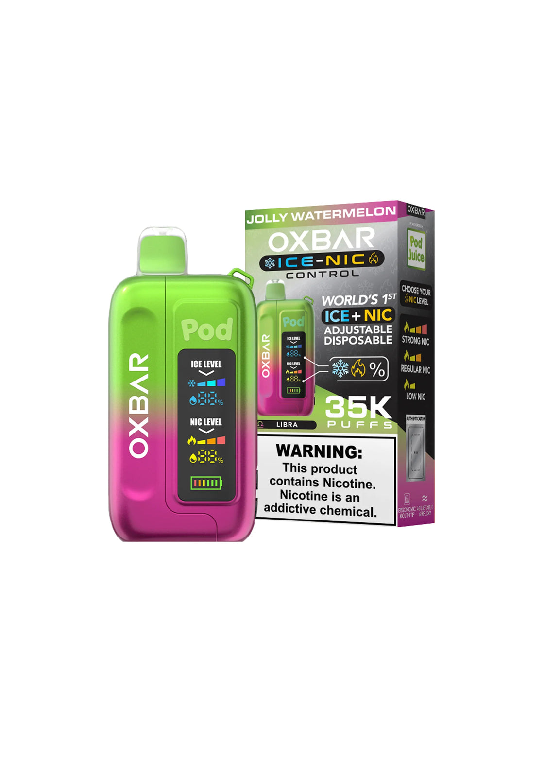 Pod descartable OXBAR ICE - NIC 35000 Puffs Jolly Watermelon - Tienda Vapor