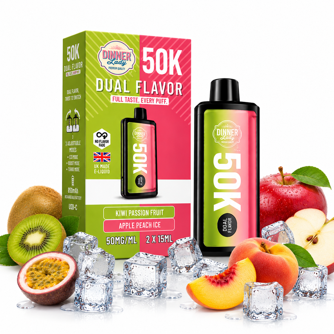 Pod descartable Dinner Lady Kiwi Passion Fruit / Apple Peach Ice 50K Dual Flavor - Tienda Vapor