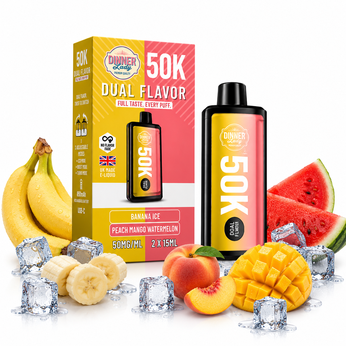 Pod descartable Dinner Lady Banana Ice / Peach Mango Watermelon 50K Dual Flavor - Tienda Vapor