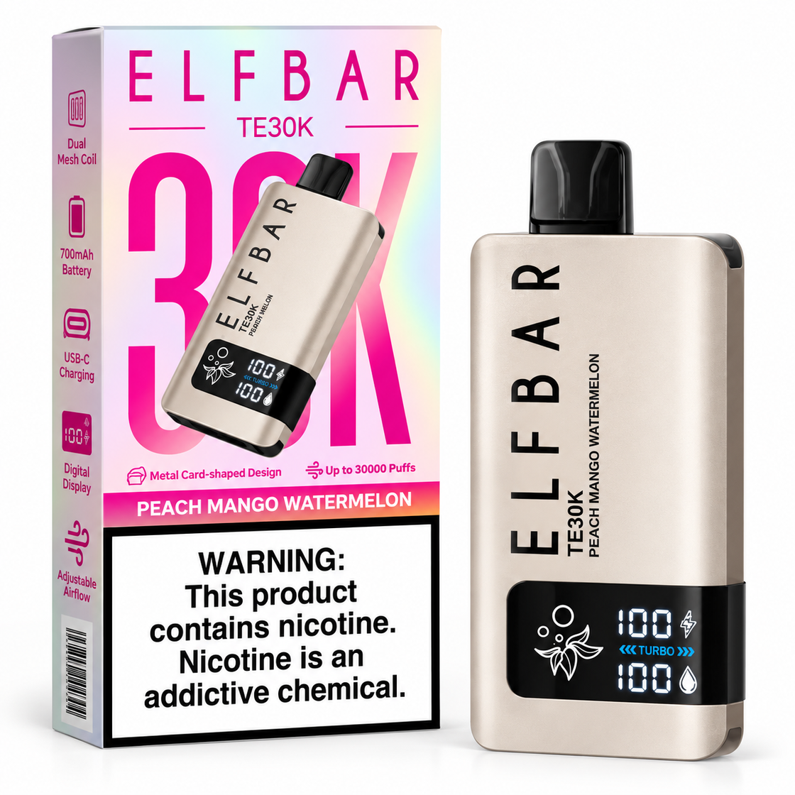 Pod descartable ElfBar TE30000 puffs Peach Mango Watermelon