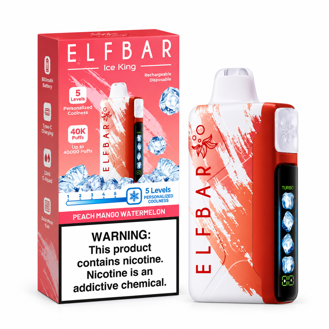 Pod descartable ElfBar Ice King 40000 Puffs Peach Mango Watermelon