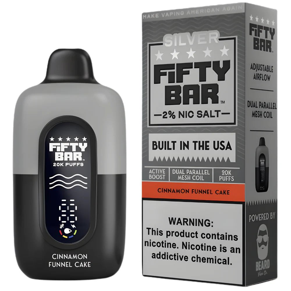 Pod descartable Fifty Bar Silver Series Cinnamon Funnel Cake 20000 puffs 2% (origen USA) - Tienda Vapor