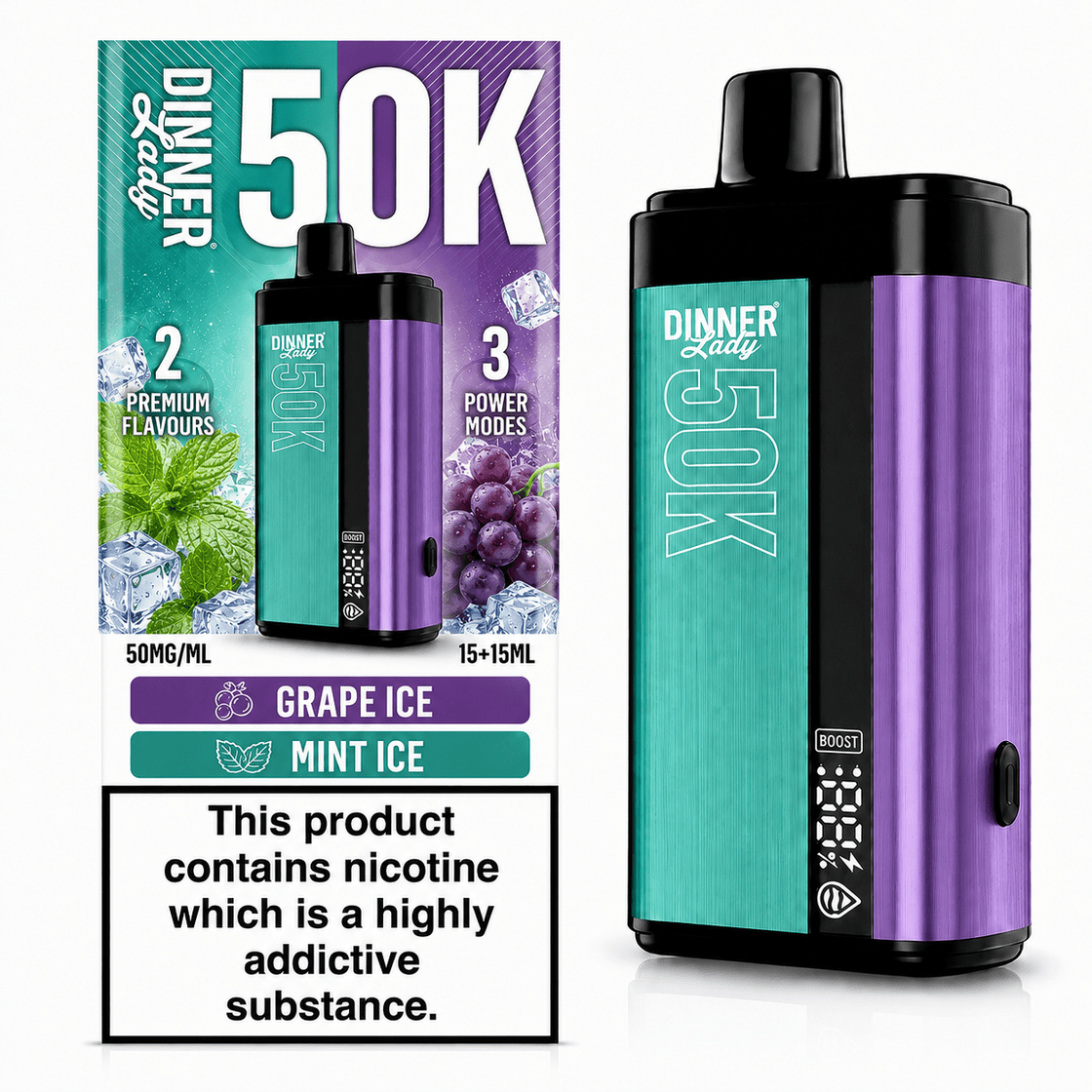Pod descartable Dinner Lady Grape Ice / Mint Ice 50K Dual Flavor - Tienda Vapor