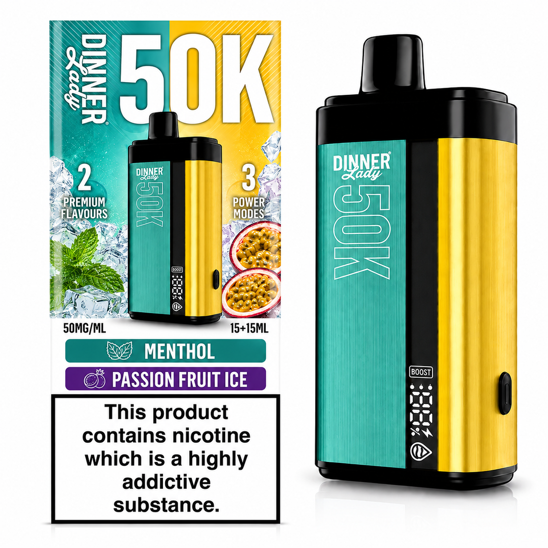 Pod descartable Dinner Lady Menthol / Passion Fruit Ice 50K Dual Flavor