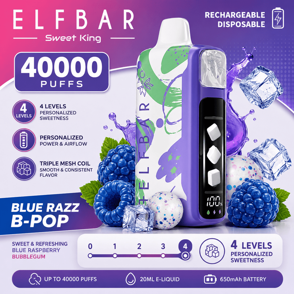Pod descartable ElfBar Sweet King 40000 Puffs Blue Razz B-Pop - Tienda Vapor