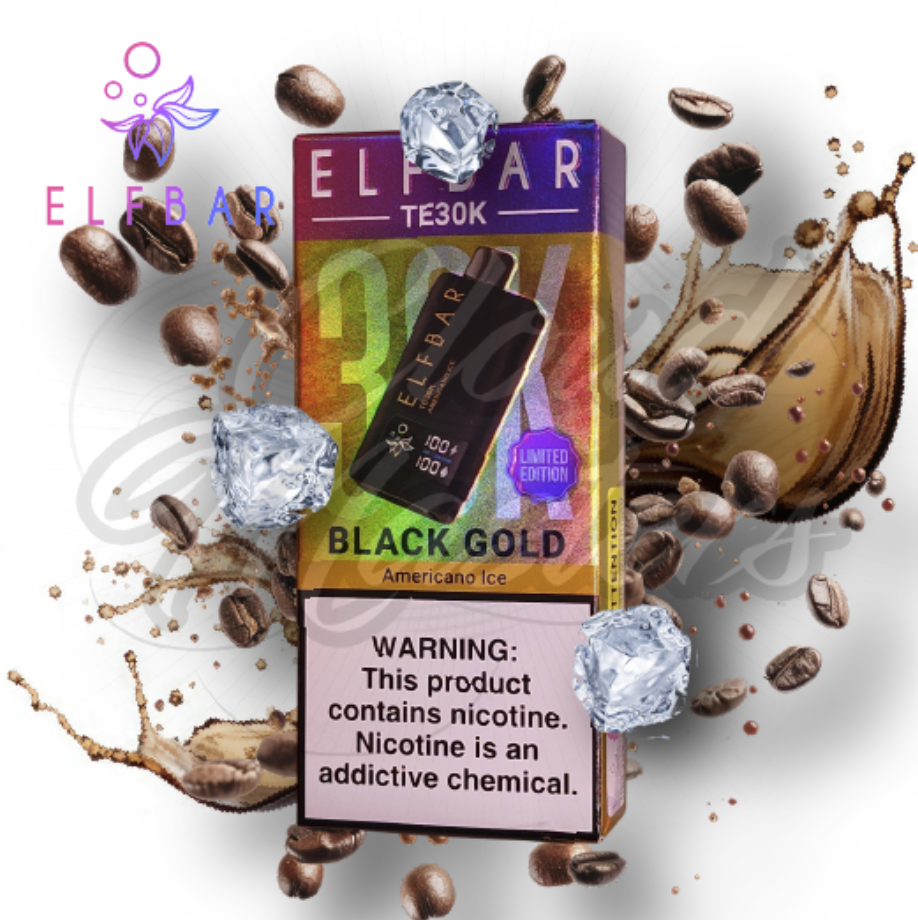 Pod descartable ElfBar TE30000 Puffs Black Gold Americano Ice