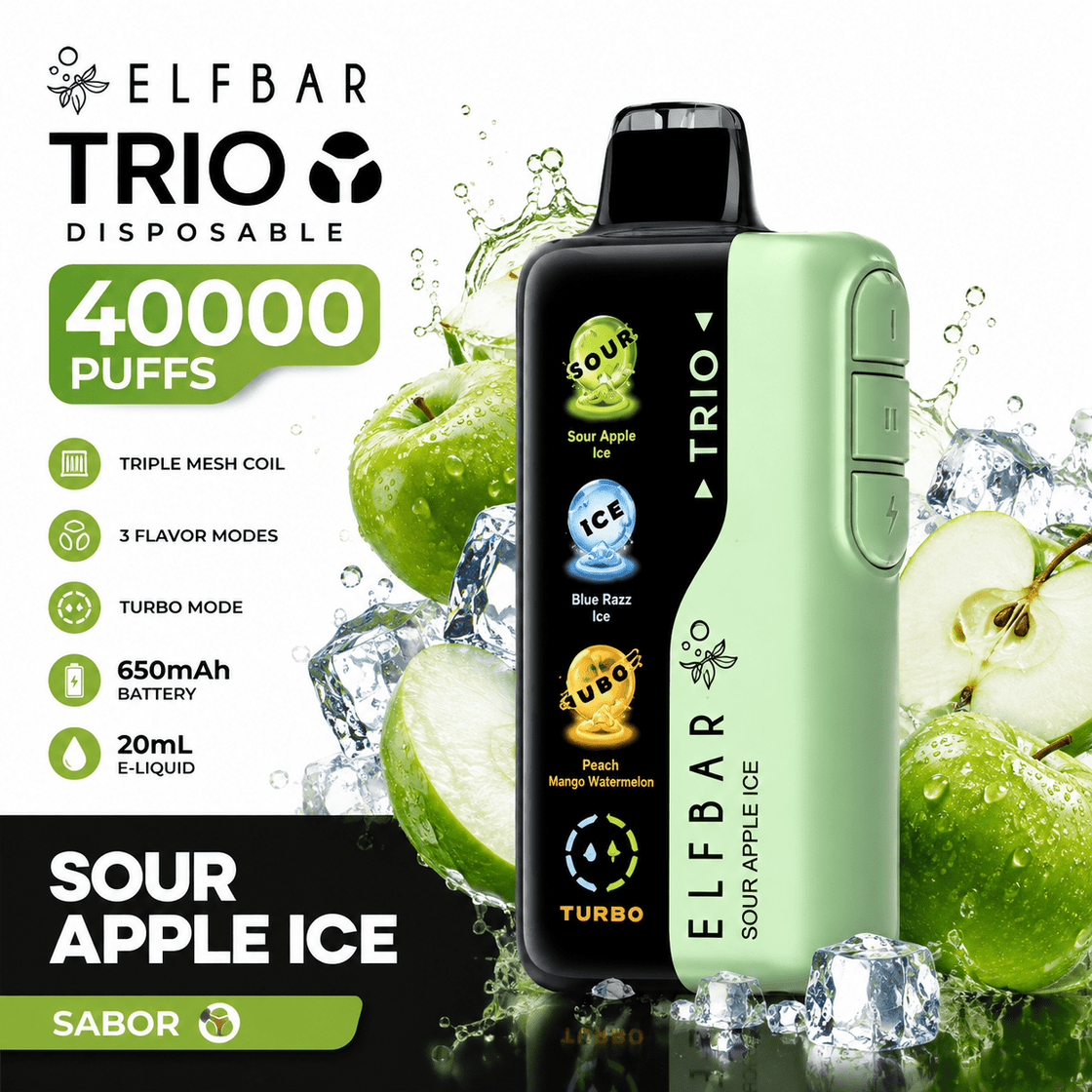 Pod descartable ElfBar TRIO 40000 Puffs Sour Apple Ice - Tienda Vapor