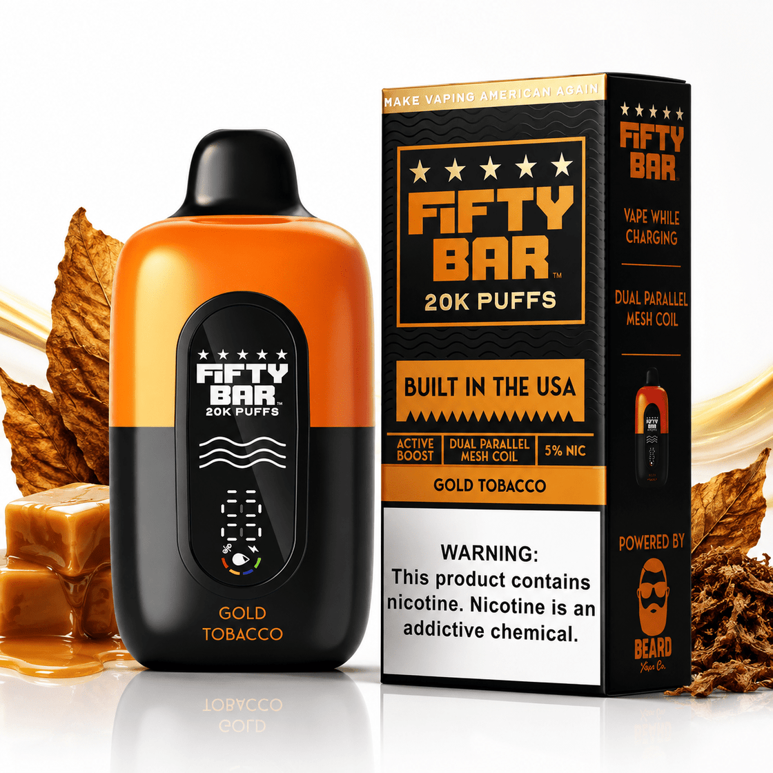 Pod descartable Fifty Bar V2 20000 puffs Gold Tobacco (origen USA) - Tienda Vapor