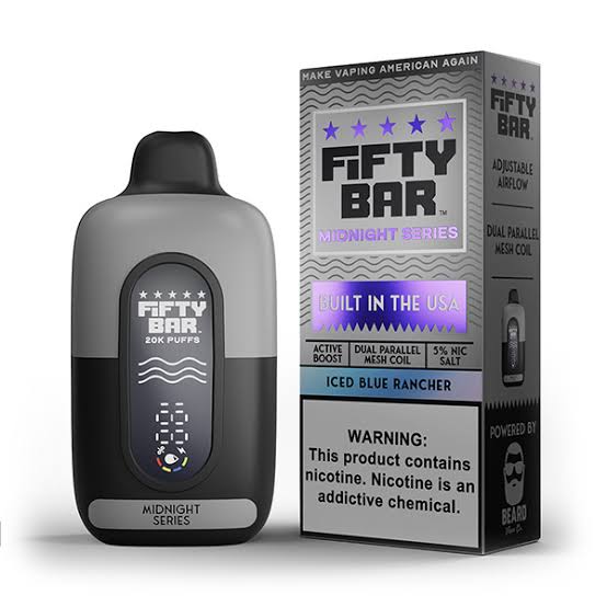 Pod descartable Fifty Bar Midnight Series 20000 puffs Iced Blue Rancher (origen USA) - Tienda Vapor