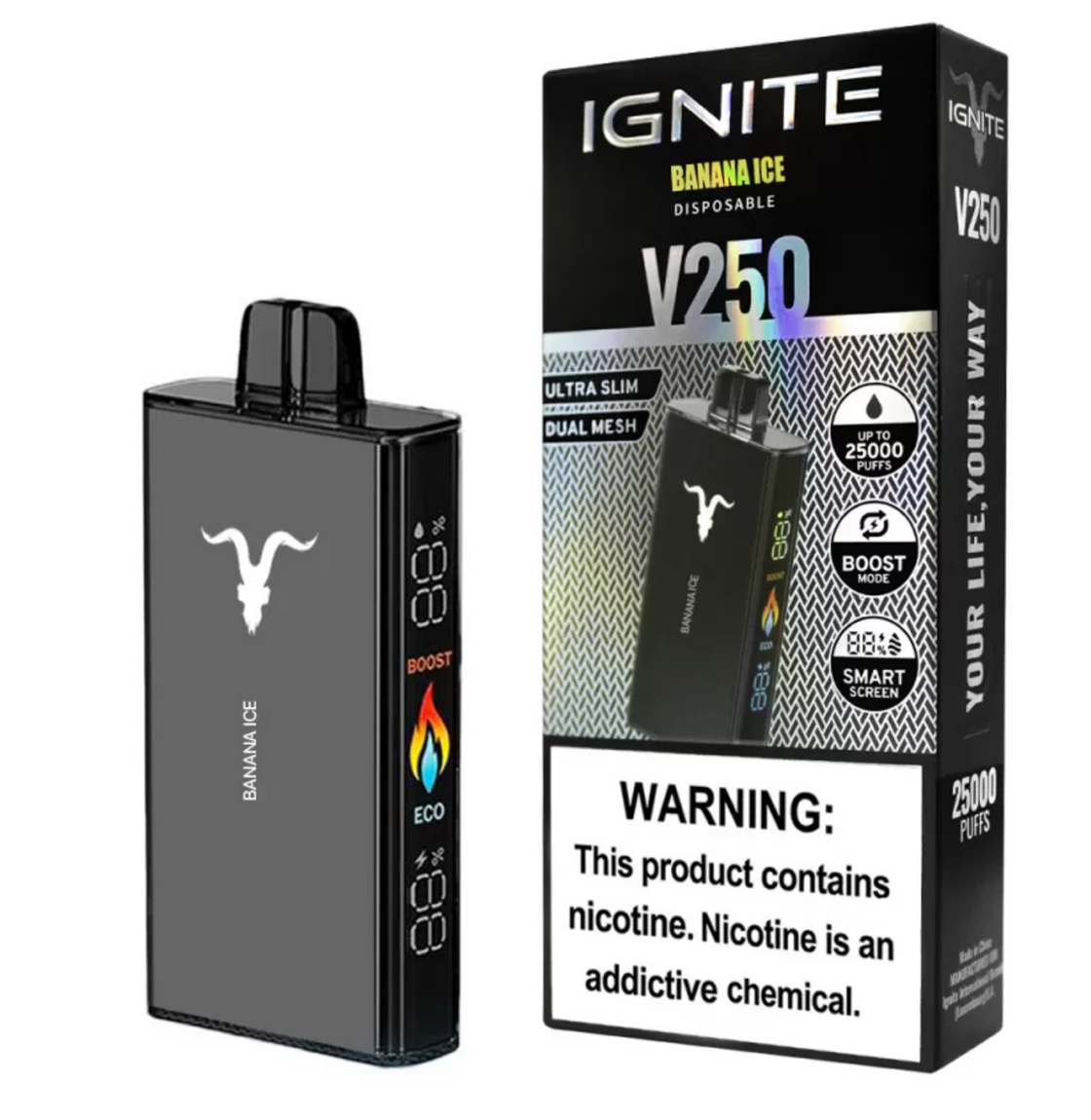Pod descartable Ignite V250 Banana Ice 25000 puffs - Tienda Vapor