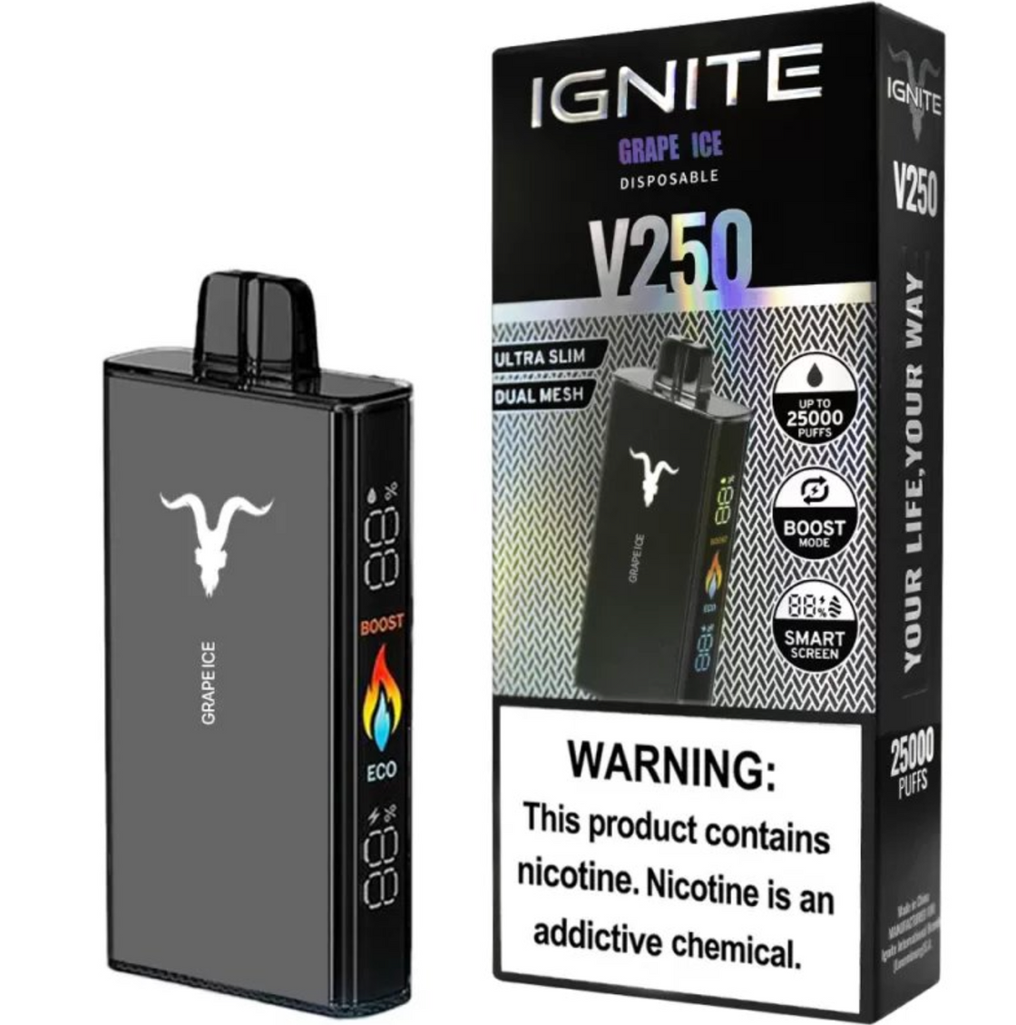 Pod descartable Ignite V250 Grape Ice 25000 puffs - Tienda Vapor