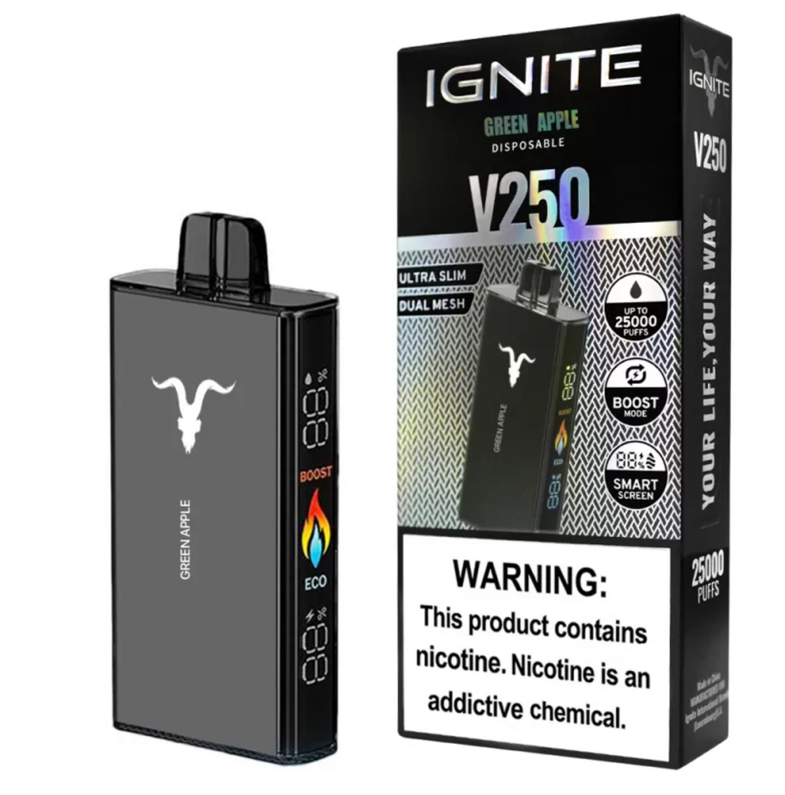 Pod descartable Ignite V250 Green Apple 25000 puffs - Tienda Vapor
