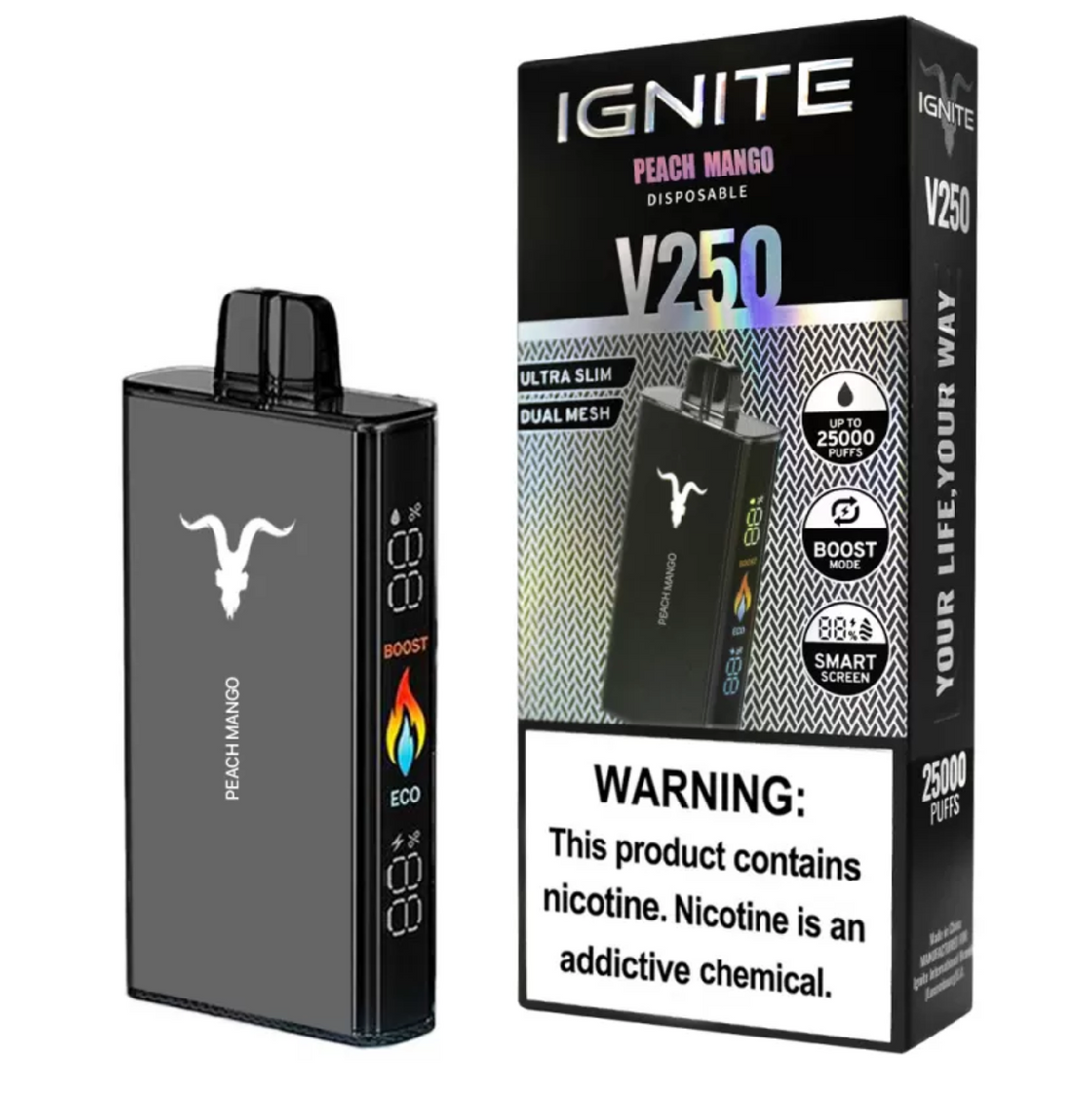 Pod descartable Ignite V250 Peach Mango 25000 puffs - Tienda Vapor