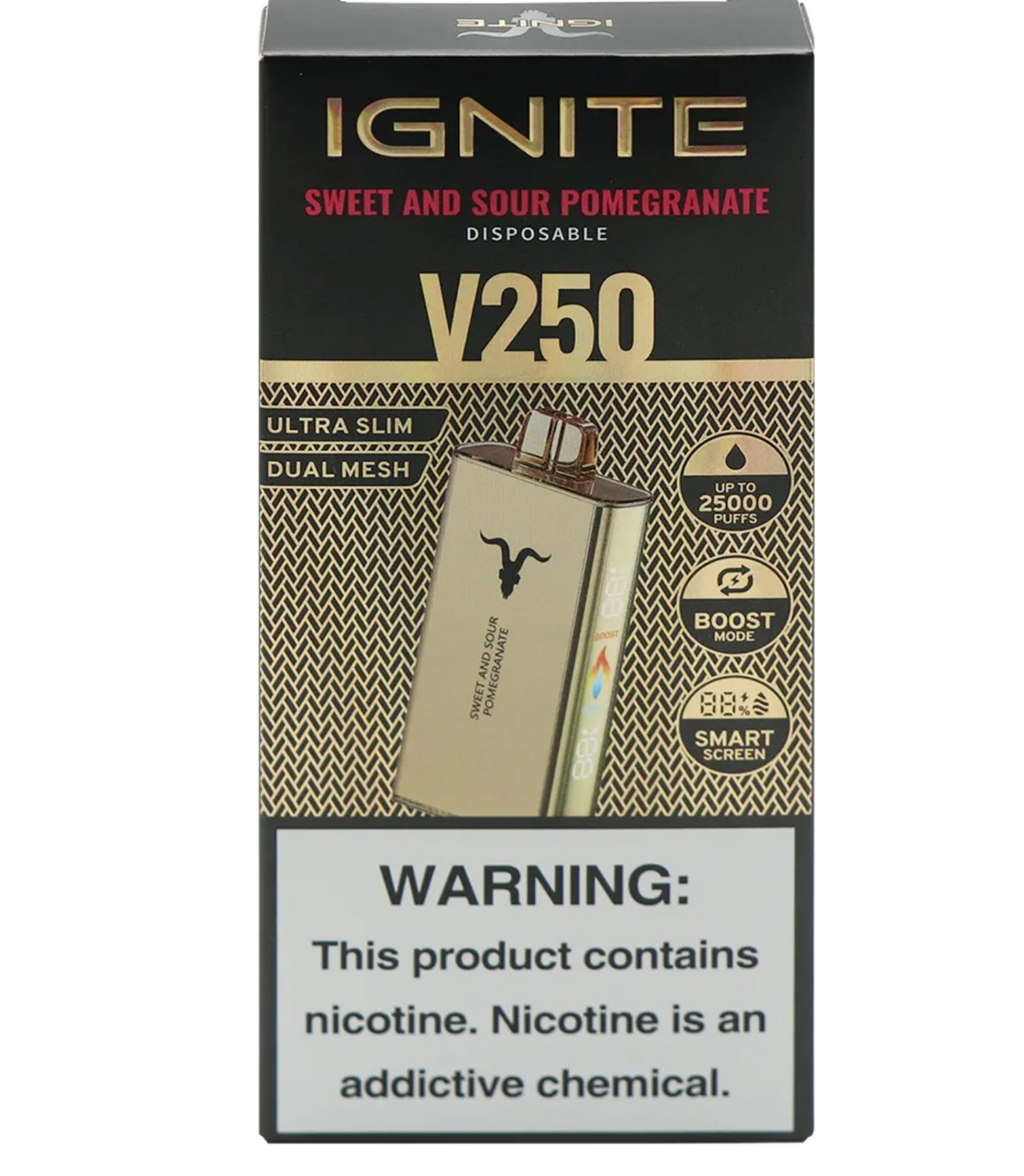 Pod descartable Ignite V250 GOLD Sweet and Sour Pomegranate 25000 puffs - Tienda Vapor