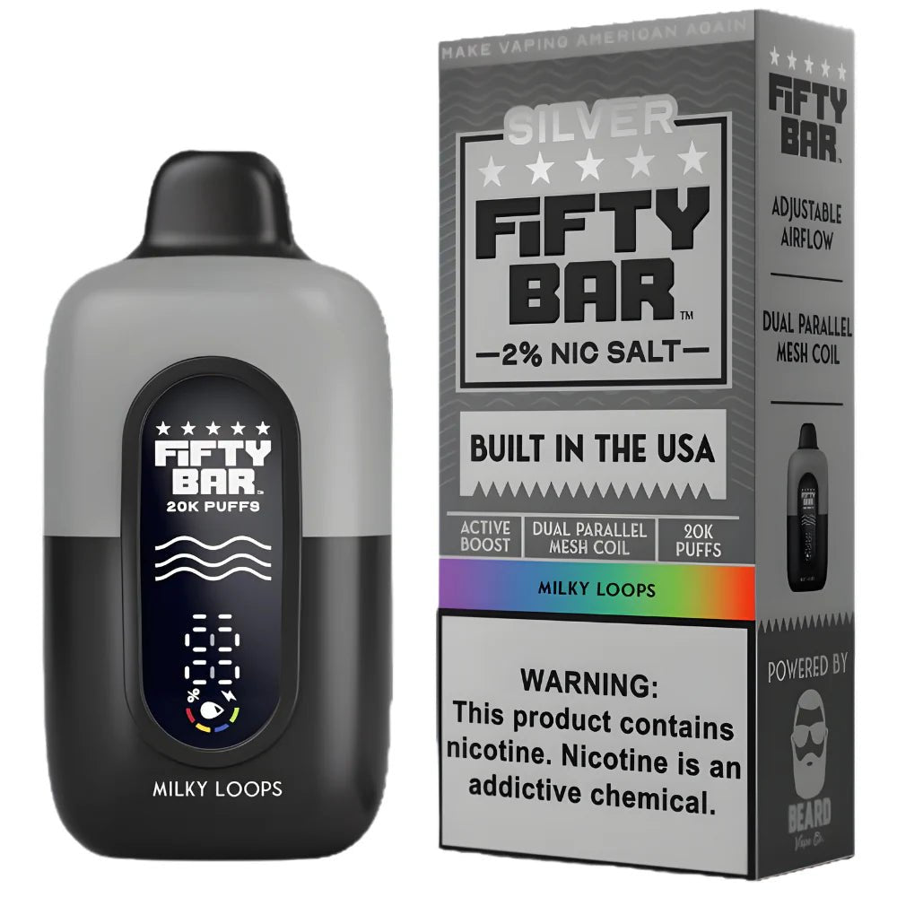 Pod descartable Fifty Bar Silver Series Milky Loops 20000 puffs 2% (origen USA) - Tienda Vapor
