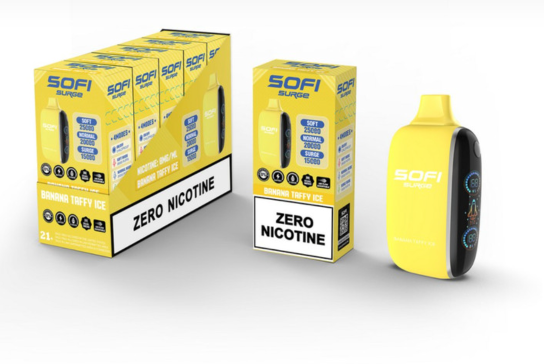 Pod descartable Sofi Surge Cero Nicotina Banana Taffy Ice 25000 puffs