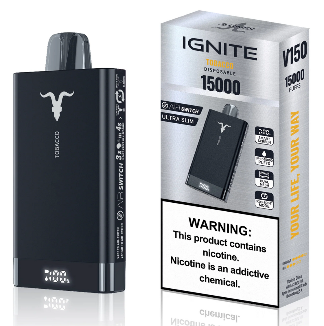 Pod descartable Ignite V150 Pro 15000 puffs Tabaco - Tienda Vapor