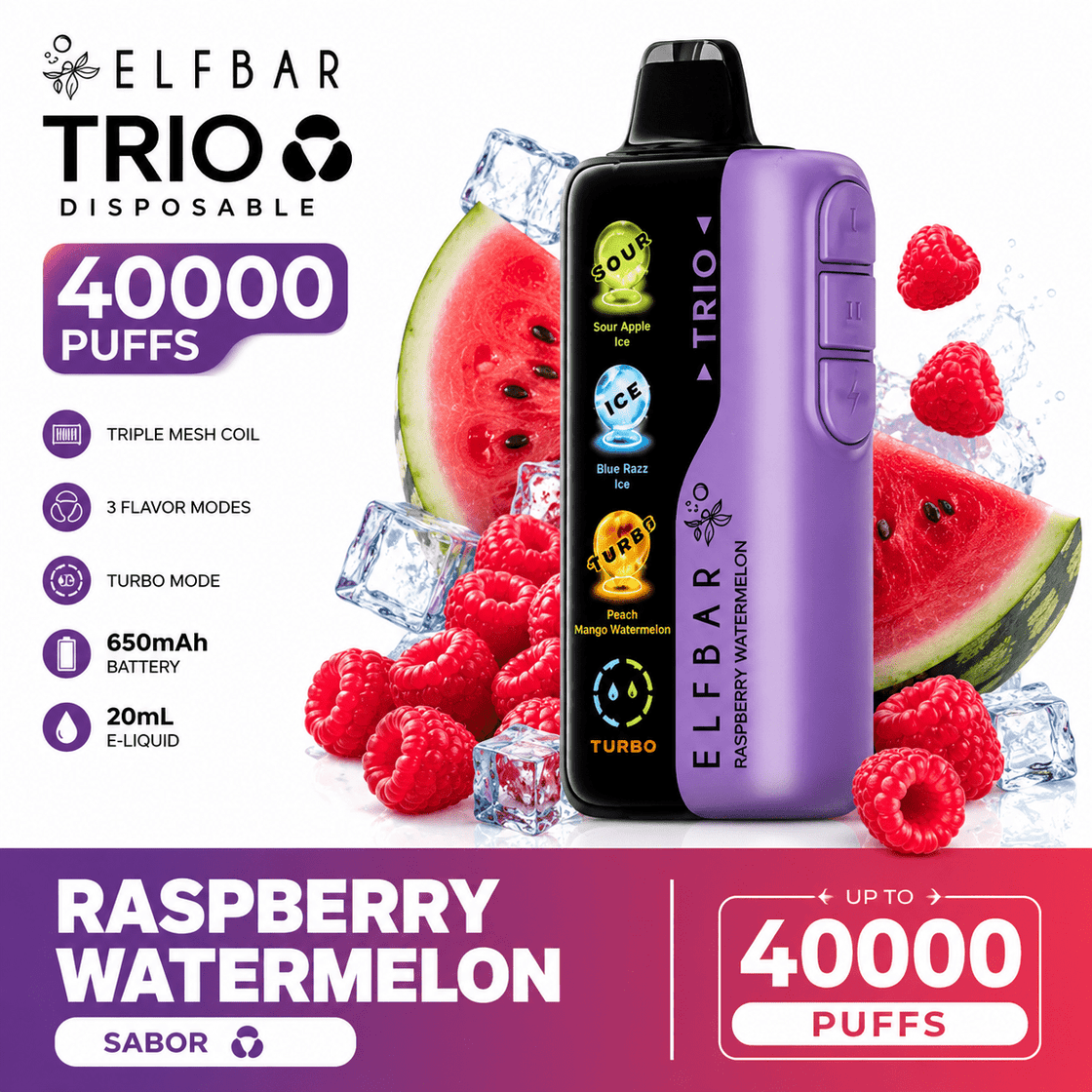 Pod descartable ElfBar TRIO 40000 Puffs Raspberry Watermelon - Tienda Vapor