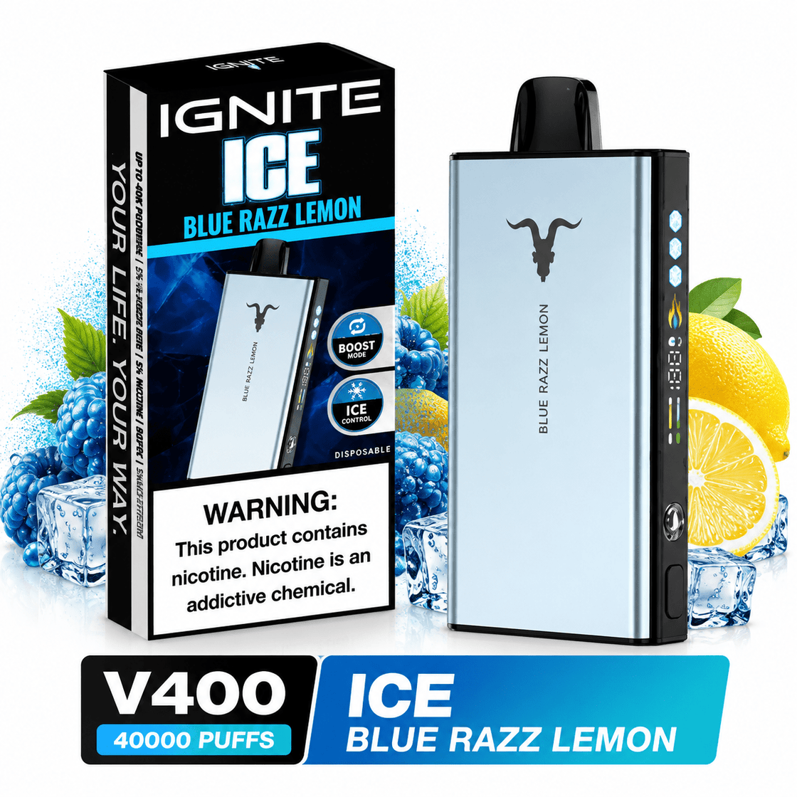 Pod descartable Ignite V400 40000 puffs Ice Blue Razz Lemon - Tienda Vapor