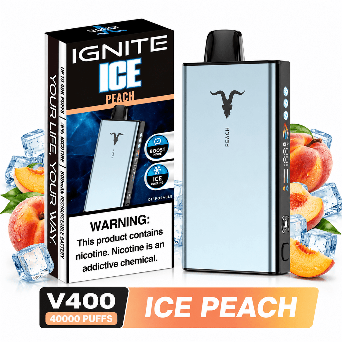 Pod descartable Ignite V400 40000 puffs Ice Peach - Tienda Vapor
